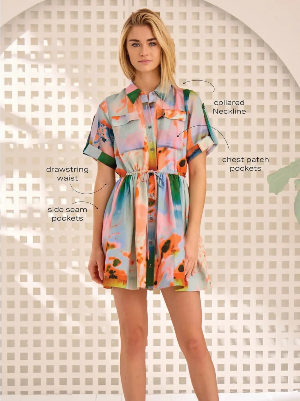 Hunter Bell Peyton Dress Short Collared Shirt Dress in Pastel Watercolor Print